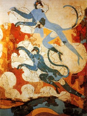 Οι Κυανοπίθηκοι στην τοιχογραφία από τον προϊστορικό οικισμό του Ακρωτηρίου στην Σαντορίνη. Ανήκει στην ώριμη υστεροκυκλαδική περίοδο. Σύμφωνα με τη θεωρία έφεραν τον λοιμό από την Αφρική στην Αρχαία Ελλάδα.
