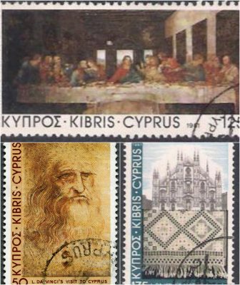 Τα γραμματόσημα που κυκλοφόρησαν το 1981 από το σχεδιαστή Α.Τάσο, με θέμα "500 χρόνια από την επίσκεψη του Ντα Βίντσι στην Κύπρο/ΠΗΓΗ: Τμήμα ταχυδρομικών υπηρεσιών Κυπριακής Δημοκρατίας 