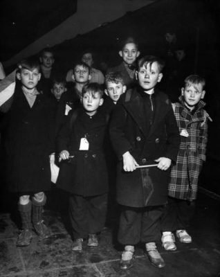 Group of Dutch refugee children arriving at Coventry Station.