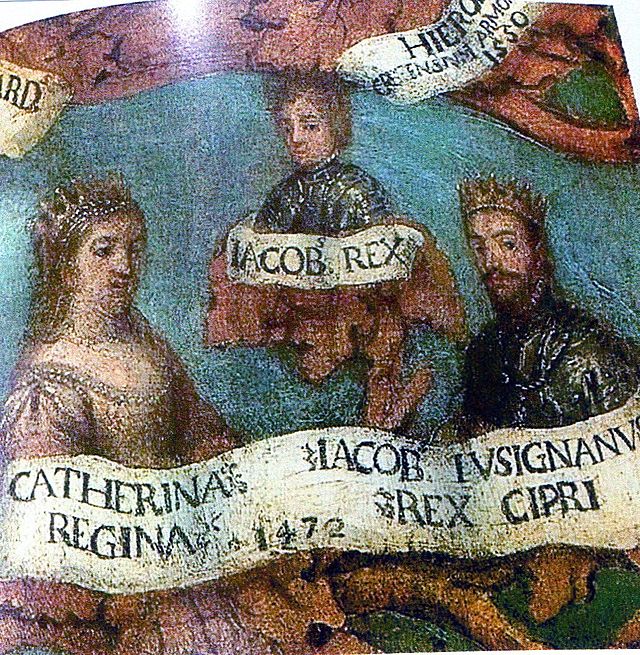 Δεξιά ο Ιάκωβος Β', αριστερά η Αικατερίνη Κορνάρο και επάνω ο γιος τους Ιάκωβος Γ'