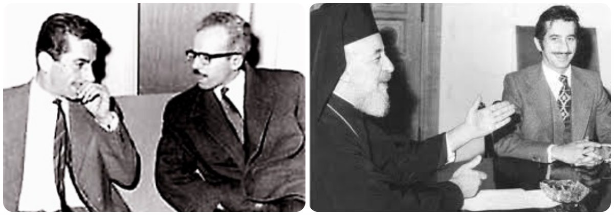 Αριστερά με τον συναγωνιστή του Πολύκαρπο Γιωρκάτζη. Δεξία με τον Αρχιεπίσκοπο Μακάριο Γ' 